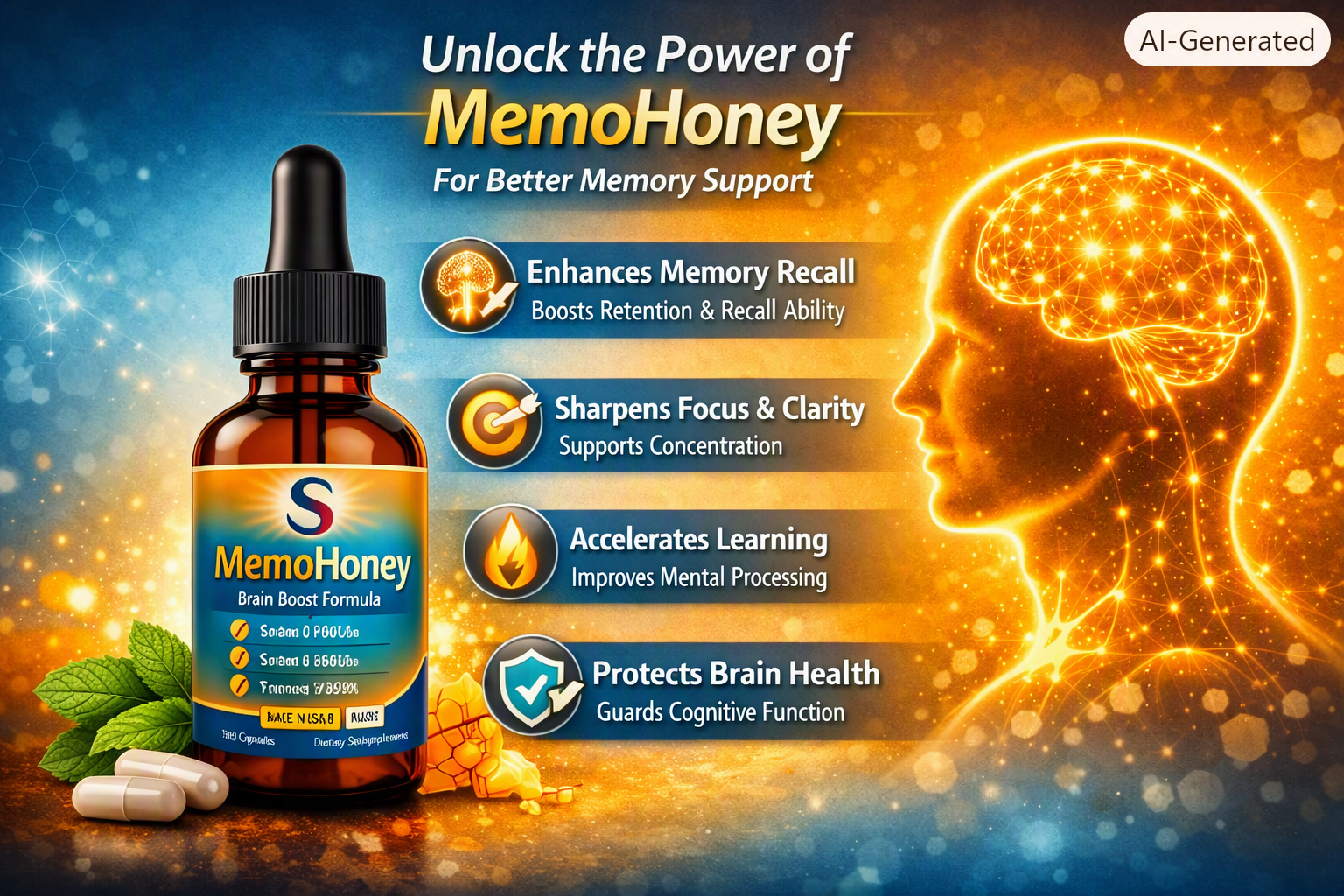 How MemoHoney supports memory and focus — increases cerebral blood flow, protects neurons, and optimizes cellular energy